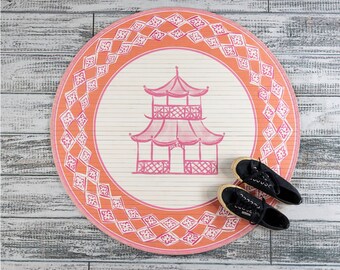 35"  Round Bamboo Mat, Pink & Orange Pagoda