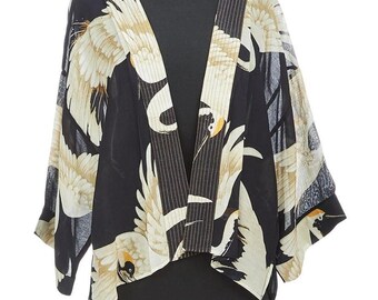 Heron Print Black Short Kimono