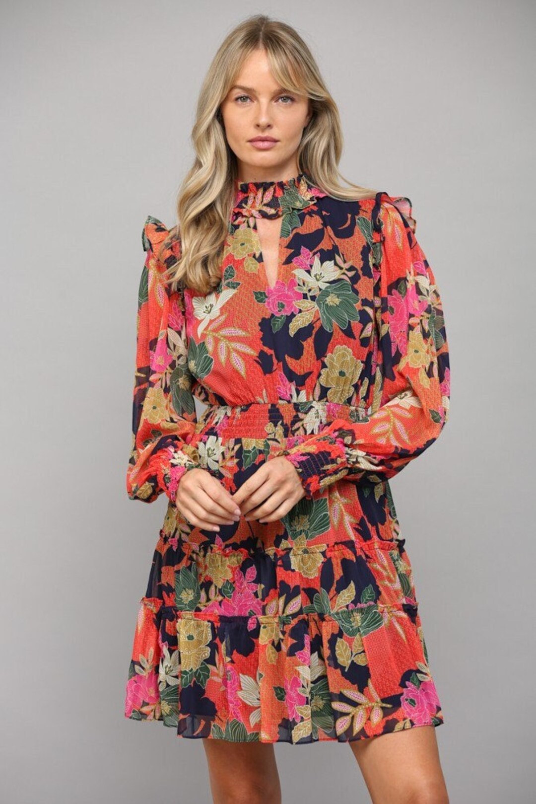 Smocked Frill Bandeau Floral Print Mini Dress