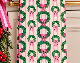 Christmas Wreaths on a Pink-Trimmed Tea Towel