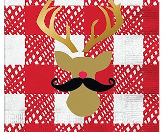 Holiday | Staghead w/Mustache Beverage Napkins (20 ct), Cocktail Napkins with Gold Foil