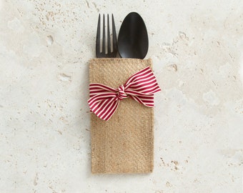 Crimson and Cream Ribbon Print Silverware Pouch | Flatware Pouch | Silverware Holder | Party Table Setting | Holiday Table Setting S/8