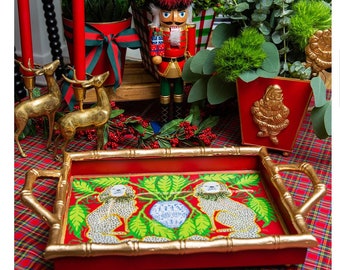 Red and Gold Staffordshire Dog Bamboo Handled Tray