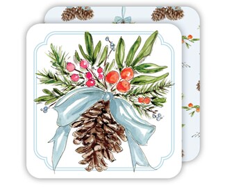 Holiday | Citrus Pinecone with Blue Bow Coasters | Set of 20