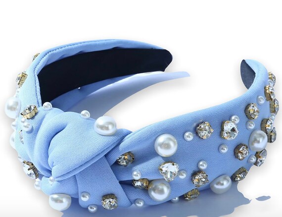 Embellished Knotted Headband with Crystal Accents - Light Blue Lele Sadoughi Baby Blue Game Day Varsity knotted Crystal  main image 4