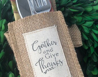 Gather and Give Thanks Silverware Pouch | Flatware Pouch | Silverware Holder | Party Table Setting | Holiday Table Setting S/8