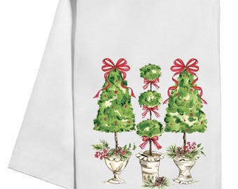 Christmas Topiaries with Red Bows Tea Towel