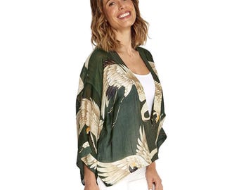 Heron Print Forest Green Short Kimono