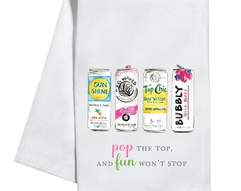 Handpainted Pop the Top! Seltzer Cans  Tea Towel