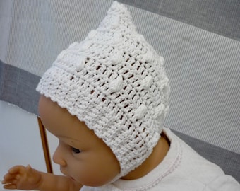 GEHÄKELTE TAUFMÜTZE:Zwergenmütze,PiximützeSommermütze,Babybonnets,Taufe,Wichtelmütze,Mütze,Unisex-Babykleidung,Babymütze,Neugebore,LILLY