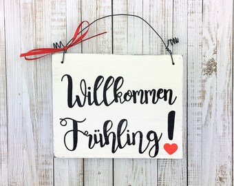 Wooden sign door sign WILLKOMMEN FRÜHLING  deco spring vintage saying wood sign handmade