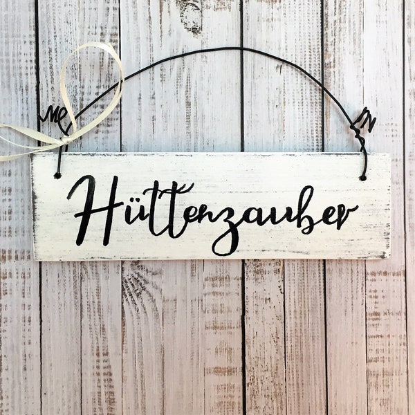 Holzschild, handbemalt, "Hüttenzauber", Türschild, Holz, Deko, Herbst, Winter, rustikal, Shabby, weiß, Schild, Haustür, Weihnachtsdeko