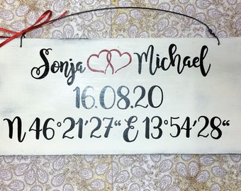 Wooden sign decorative sign for the wedding day Name wedding date coordinates vintage handmade door sign home decor wall decoration white