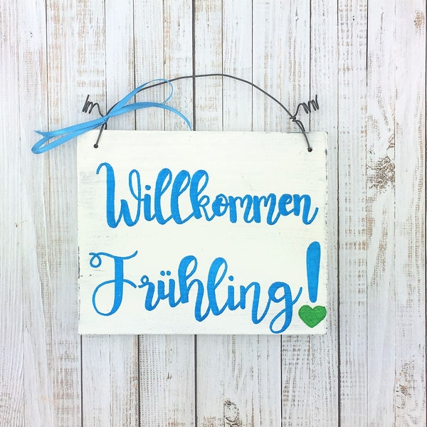 Wooden sign door sign WILLKOMMEN FRÜHLING  deco spring vintage saying wood sign handmade