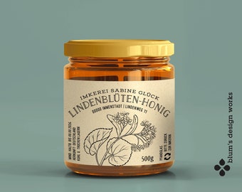 Lindenblüten-Label | Personalisierbares Lindenhonig Etikett, Stempel oder Druckvorlage | Geschenk für Imker