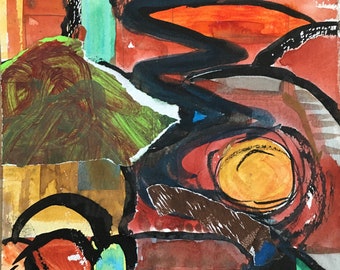 Abstract landscape, original drawing and mixed media work on paper, "Winding Path"