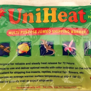 May include: Green and yellow UniHeat Multi-Purpose Jumbo Shipping Warmer with a 72+ hour heat guarantee. The warmer is designed for shipping live insects, reptiles, tropical fish, flowers, and other items. It provides an average surface temperature of 100° F (38° C).