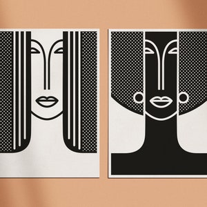 Set of 2 Printable Black and White Bauhaus Pop Art, Minimalist, Mid Century Modern Wall Art in Digital Download Files, "Beauty" and "Foxy"