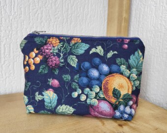 Medium Makeup Bag | Fruit Print Cotton Zipper Pouch | Lined Cosmetic Bag | Handmade Toiletry Organizer