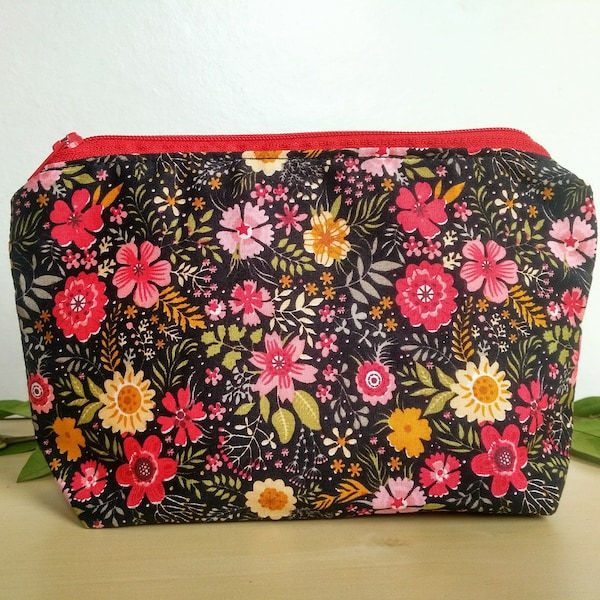 Spring flowers on black medium make up bag, jewellery pouch,  cotton zipped washbag, boho hippie toiletry bag, eco summer gift
