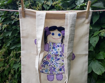 Eco friendly cotton canvas cute tote bag with doll applique, reusable shopping bag , hippie funky bag , market bag , zero waste grocery bag