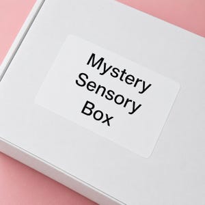 Puede incluir: Una caja blanca con una etiqueta rectangular que dice "Mystery Sensory Box" en texto negro. La caja está sobre un fondo rosa.