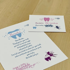 Cartas de fada do dente, conjunto de cartas de chegada com certificado, conjunto de cartas personalizadas de fada do dente, carta de fada com nome