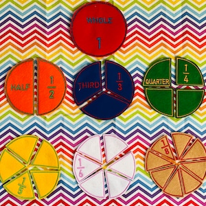 May include: A set of felt fraction circles in various colors, including red, orange, yellow, green, blue, and brown. Each circle is divided into different fractions, with the fraction represented by a number and a fraction symbol. The fractions include whole, half, third, quarter, fifth, sixth, and eighth.