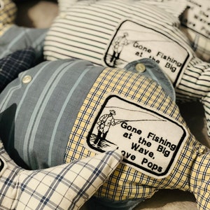 Memory shirt pillow, fish pillow keepsake pillow, fishing family memory keepsake memory patch pillow, memory fishing pillow
