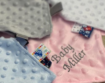 personalised baby taggie comforter, blue, grey, white or pink