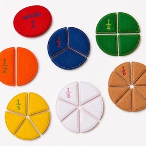 May include: A collection of felt fraction circles in various colours, including whole, halves, thirds, quarters, fifths, sixths, and eighths. Each circle has its fraction value embroidered in a contrasting colour. Educational math resource.