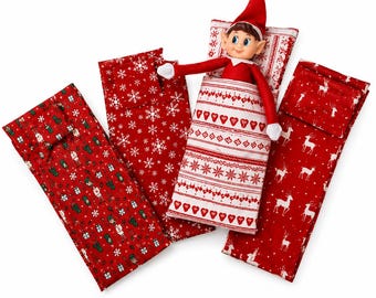 Handmade Elf Sleeping Bag & Pillow Set | Christmas Elf Bed | Festive Fabric Designs | Elf Accessory