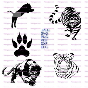 May include: A set of four black and white vector illustrations of a tiger, a panther, a paw print, and a tiger's head. The illustrations are in a simple, stylized design.