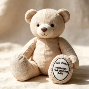 May include: A beige fabric teddy bear with a dark brown stitched nose and mouth. The bear features visible seams and a white oval patch on the left foot pad with embroidered text that reads: Trail Blazer, Derogation, Peak District, Rally.