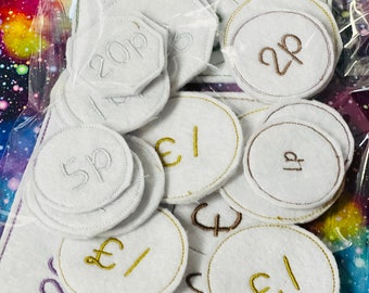 Play money set, visual learner, felt, embroidered