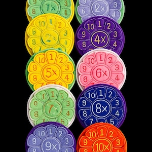 May include: A set of colourful, circular multiplication flashcards. Each card displays a different multiplication fact, with numbers around the edge and the answer in the centre. The cards are in various colours, including green, yellow, purple, and orange.