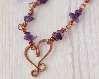 Copper Heart Necklace with Amethyst – Handmade Jewelry, Mother’s Day Gift, Adjustable Necklace, Unique Gift for Mom