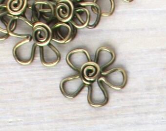 Hand Bent Brass Flower Connectors Patina, Small Floral Jewelry Links, Artisan Findings for Botanical Earrings Necklace DIY