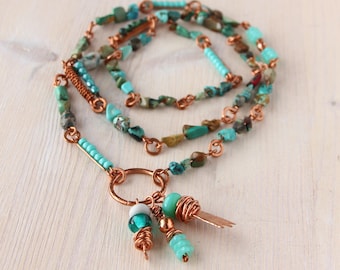 Gemstone necklace with copper and real turquoise tribal ethnic