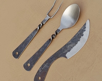 3PCS Medieval cutlery set hand forged- antiques forged cutlery set- Viking cutlery set personalized gift
