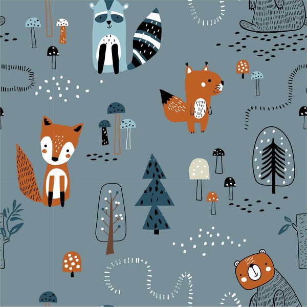 FRENCH TERRY "Stellan" cute forest animals on gray gray blue from GLÜNZ