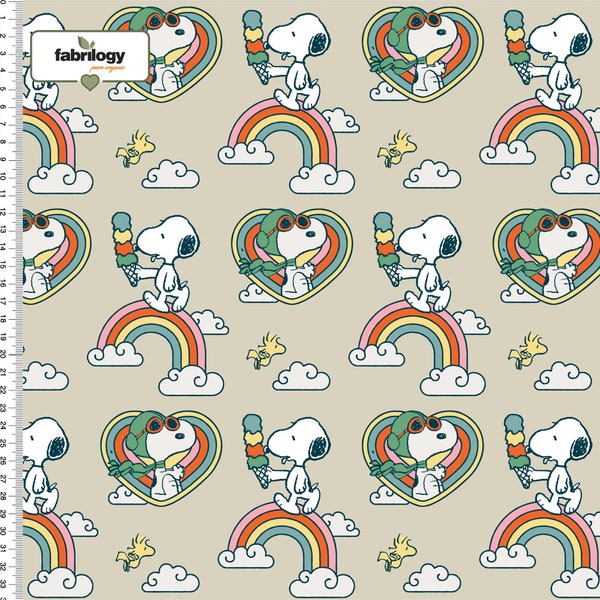 GOTS BIO Stretch Jersey Snoopy Woodstock Sweet Dreams auf beige von Fabrilogy