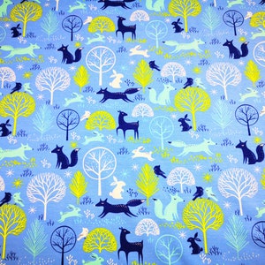 Stretch Jersey In the Woods Blueberry Star Fox Rabbit on Light Blue