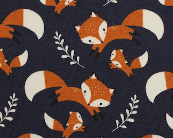 Stretch jersey fox and fox child on dark blue Theo Swafing