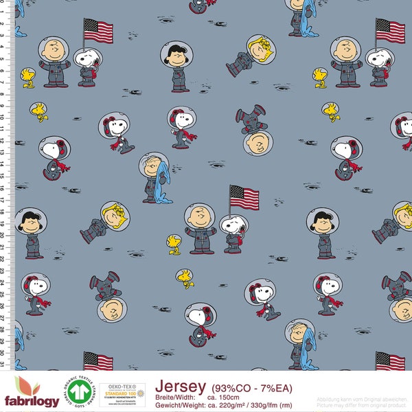 GOTS BIO Stretch Jersey Peanuts Snoopy Astrotime auf denim von Fabrilogy