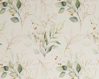 May include: A seamless pattern featuring watercolour illustrations of green leaves and gold accents on a white background.
