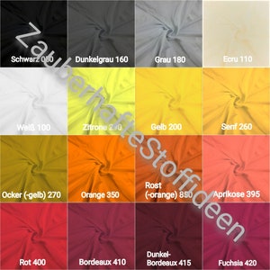 Könnte beinhalten: Eine Farbkarte mit 12 verschiedenen Stoffmustern. Die Muster sind in vier Reihen mit jeweils drei Mustern angeordnet. Die Farben sind Schwarz, Dunkelgrau, Grau, Ecru, Weiß, Gelb, Gelb, Senf, Orange, Orange, Rot, Rot, Bordeaux, Bordeaux und Fuchsia.