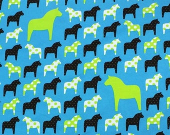 Stretch jersey Vicente Retro Dala horses on turquoise