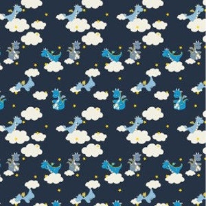 May include: A repeating pattern featuring blue and grey dragons, white clouds, and yellow stars against a dark blue backdrop. The dragons are shown in different poses, some perched on clouds. This design is suitable for children's products.