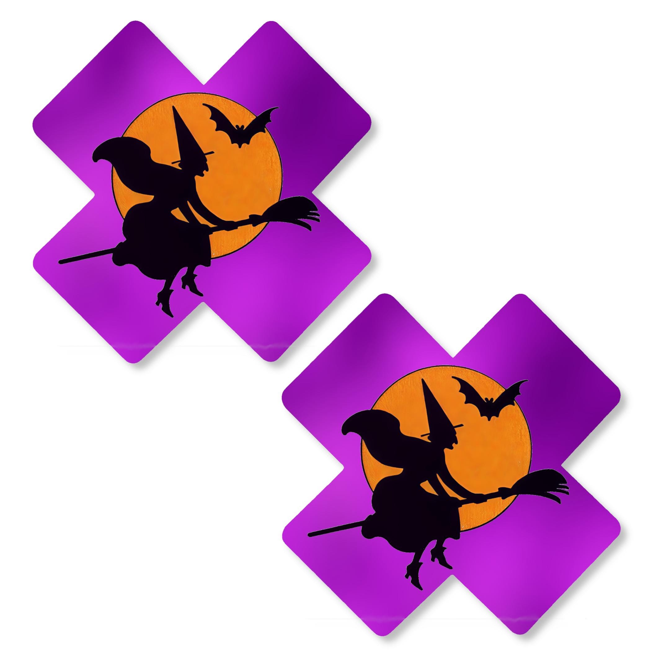 Witch Flying on Broomstick Pasties – Purple X Nipple Covers for Halloween